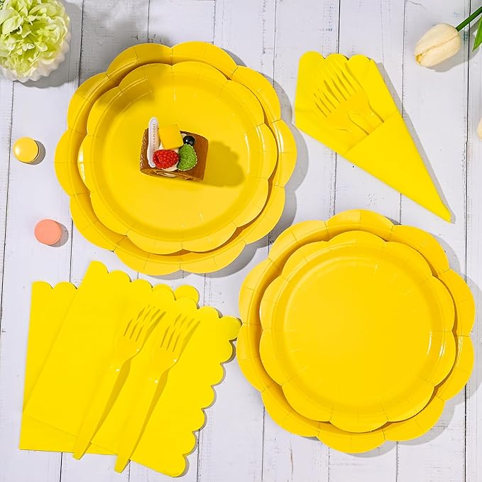 96 Pcs Yellow Paper Plates and Napkins Set Party Supplies, Tableware set for 24 Guest include Disposable Yellow Scalloped Plates, Napkins and Forks for Baby Shower Bridal Shower Wedding Fall Party