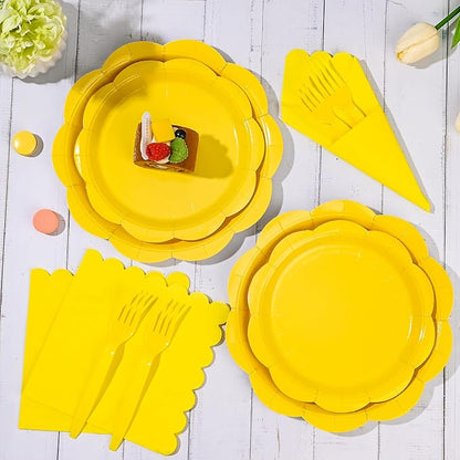 96 Pcs Yellow Paper Plates and Napkins Set Party Supplies, Tableware set for 24 Guest include Disposable Yellow Scalloped Plates, Napkins and Forks for Baby Shower Bridal Shower Wedding Fall Party