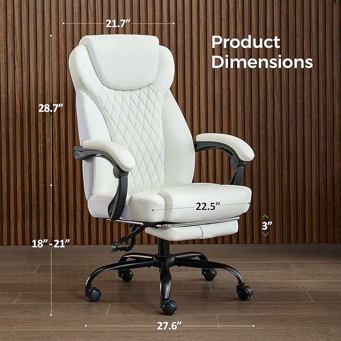 Office Chair, Big and Tall Office Chair with Foot Rest Ergonomic Chair Home Office Desk Chairs Reclining High Back Leather Chair with Lumbar Support(White)