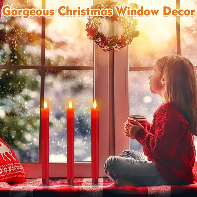 HINZER 6 Pcs Flameless Taper Candles with Remote & Timer 9.6 inch Real Wax Battery Operated LED Warm 3D Wick Flickering Window Candles for Halloween Christmas Wedding Decor, Red