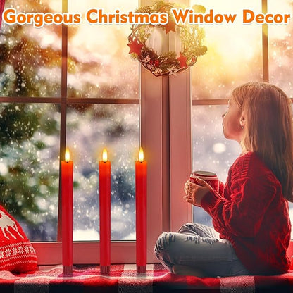HINZER 6 Pcs Flameless Taper Candles with Remote & Timer 9.6 inch Real Wax Battery Operated LED Warm 3D Wick Flickering Window Candles for Halloween Christmas Wedding Decor, Red