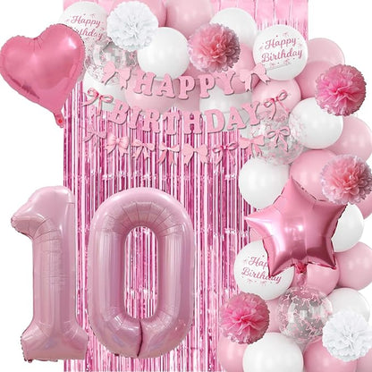10th Birthday Decorations for Girls Pink Number 10 Balloon Bow Coquette Happy Birthday Banner Fringe Curtain Paper Pom Poms Star Heart Foil Pink White Balloons 10 Year Old Party Decor