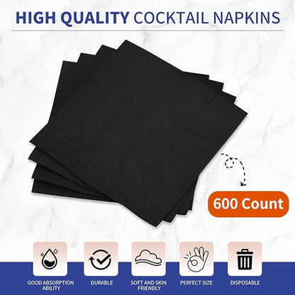 Cocktail Napkins - 600 Count 2-Ply Black Beverage Napkins, 4.75 x 4.75 Inch Folded Napkins Disposable, Paper Napkins for Bar Party Dinner Wedding and Everyday Use