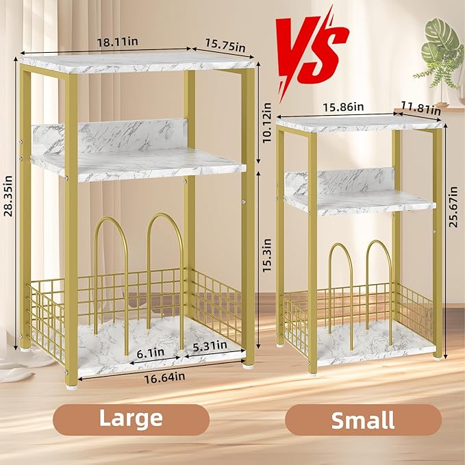 LELELINKY Large White Marble Record Player Stand with Golden Metal Frame, 3 Tier 18" Wide Big End Table with Vinyl Storage Up to 130 Albums, Industrial Turntable Printer Tables for Living Room, Office