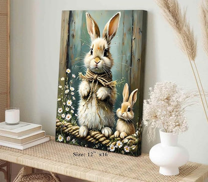 Farmhouse Rabbit Wall Art,Bunny Easter Flower Wall Decor Framed Canvas Wall Art,Vintage Rabbit Prints,Rustic Bunny Spring Wildflower Wall Decor for Living Room Farmhouse Dorm(12"x16")