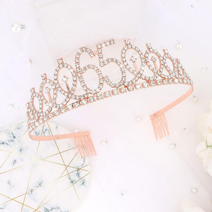CIEHER 65th Birthday Gift Set for Friends - Crown, Sash, and Pearl Pin for Women, Birthday Party Decorations and Supplies