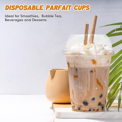 50 Set Clear Plastic Cups with Wide Dome Lids Dessert Cups with Large Hole Dome Lids Disposable Party Drink Mugs for Smoothies Iced Coffee Bubble Tea Slushies Parfaits, and More (12oz)
