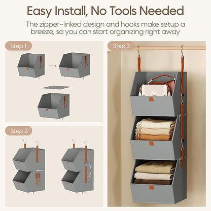 Collapsible Hanging Closet Organizer - 3 Tier Closet Shelves Storage System with Hooks, Fabric Hanging Storage Bins for Clothes, Foldable Storage Basket for Laundry, Bedroom, Rv, Grey