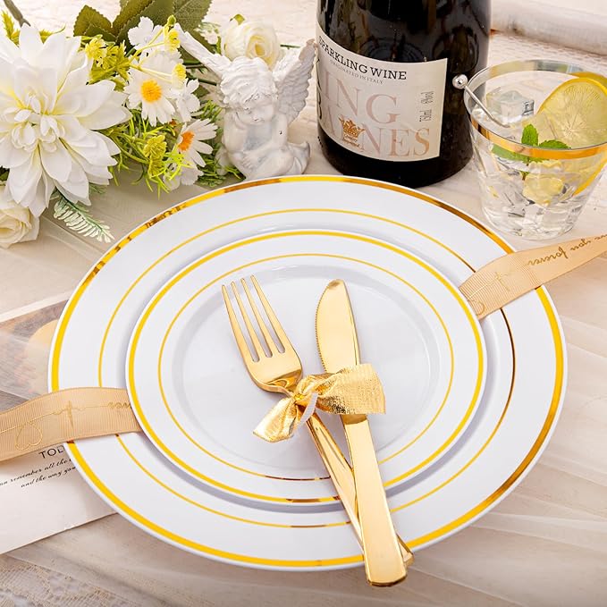 bUCLA 150PCS Gold Plastic Dinnerware Set Disposable - Heavy Duty Gold Plates Include 25 Dinner & 25 Dessert Plates,25 Forks,25 Knives,25 Spoons&25 Cups for Party&Wedding