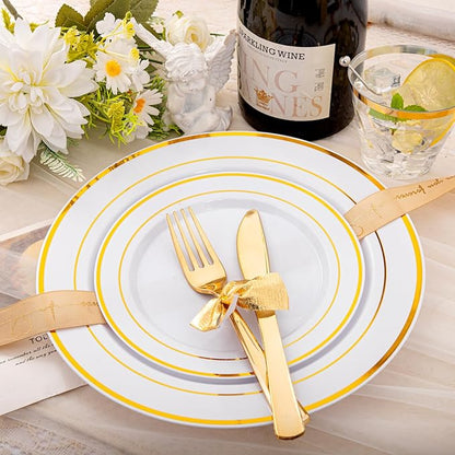 bUCLA 150PCS Gold Plastic Dinnerware Set Disposable - Heavy Duty Gold Plates Include 25 Dinner & 25 Dessert Plates,25 Forks,25 Knives,25 Spoons&25 Cups for Party&Wedding