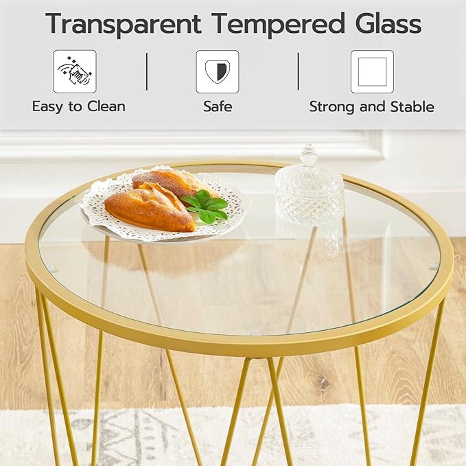HOOBRO Small Coffee Table Set of 2, Round Coffee End Table with Metal Frame, Glass Tabletop, Gold Side Table for Living Room, Bedroom and Balcony, Modern Style, Gold GD79BZ01