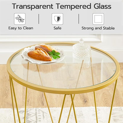 HOOBRO Small Coffee Table Set of 2, Round Coffee End Table with Metal Frame, Glass Tabletop, Gold Side Table for Living Room, Bedroom and Balcony, Modern Style, Gold GD79BZ01