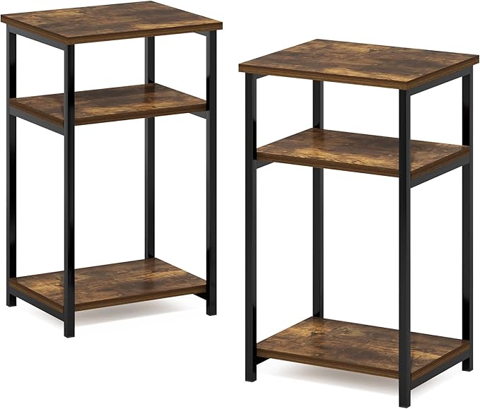 Furinno Just 3-Tier Metal Frame End Table with Storage Shelves, 2-Pack, Amber Pine