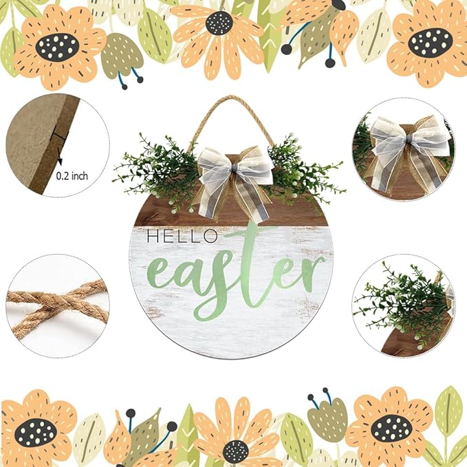Boylee Easter Wooden Hanging Sign Hello Easter Sign Door Decoration with Bow Rustic Easter Wood Wreath Sign for Easter Spring Holiday Home Coffee Shop Bakery Farmhouse Window