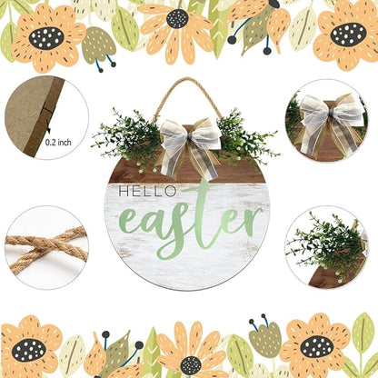 Boylee Easter Wooden Hanging Sign Hello Easter Sign Door Decoration with Bow Rustic Easter Wood Wreath Sign for Easter Spring Holiday Home Coffee Shop Bakery Farmhouse Window