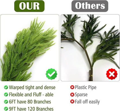 3pcs Christmas Garland, Artificial Norfolk Pine Garlands 2x6ft 1x9ft, Real Touch Garlands for Decoration Christmas, Christmas Garland for Table, Mantle, Wall, Fireplace(Green Norfolk Pine Garland)
