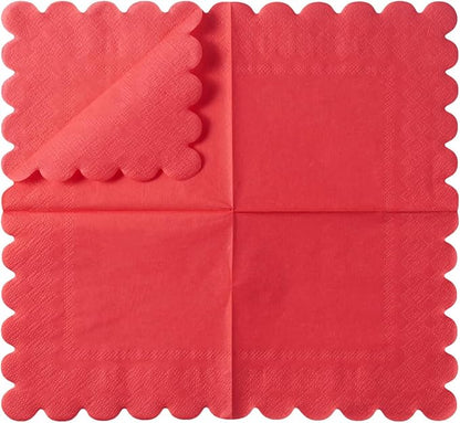 200 Pack Cocktail Napkin 2-Ply Scalloped Edged Dessert Napkins Folded 5 x 5 Inches Disposable Napkins for Dinner Wedding Birthday Party Bridal Anniversary Reception Event (Red)