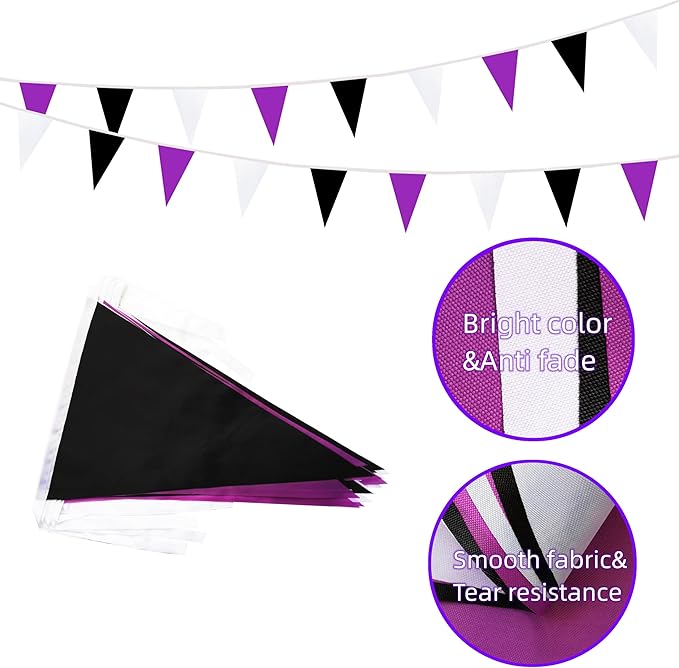 100 Feet 60 Pcs Purple White and Black Pennant Banner Flag String Hanging Triangle DIY Flag, Bunting Streamers Decoration for Grand Opening, Birthday, Wedding Celebration (Purple White & Black)