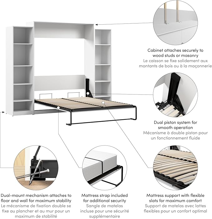 Bestar Claremont Queen Murphy Bed with Closet Organizers (105W) in White, Space-Saving Sleeping Arrangement for Multipurpose Room