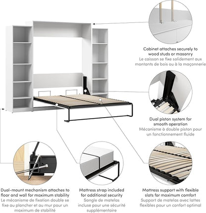 Bestar Claremont Queen Murphy Bed with Closet Organizers (105W) in White, Space-Saving Sleeping Arrangement for Multipurpose Room