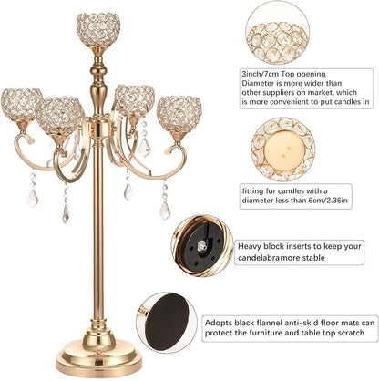 8PCS 5 Arm Gold Candelabra Centerpieces for Tables 33 Inches,Metal Crystal Candlestick Holders with Beaded Globe for Home Wedding Party Floor Candle Stand Home Decor centros de mesa de 15 años