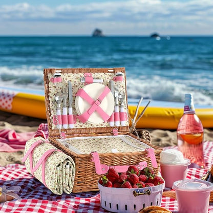 Wicker Picnic Basket for 4 with Waterproof Picnic Blanket and Insulated Cooler, Willow Hamper for Camping, Outdoors, Photoshoot, or a Birthday, Valentine’s Day, Wedding Gift, Pink