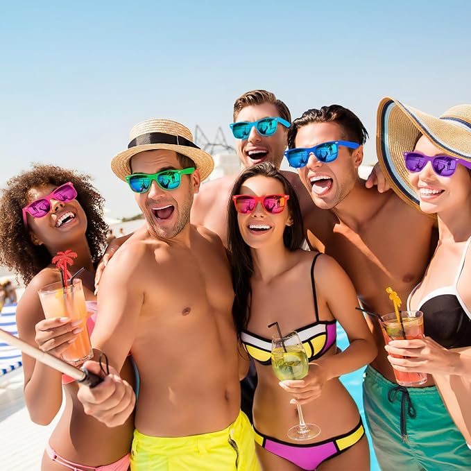 15 Pack Neon Party Favors Sunglasses Bulk, Retro Colorful Mirror Lens Sunglasses 80s 90s Party Glasses