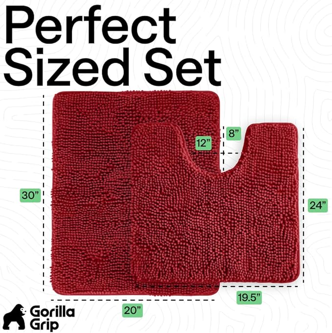 GORILLA GRIP Bathroom Rug Sets, Soft Chenille 2 Piece Area Rugs Set, Toilet Base Mat and 30x20 Carpet, Absorbent Microfiber Washable Mats Dry Quickly, Home Décor and Bath Room Accessories, Red