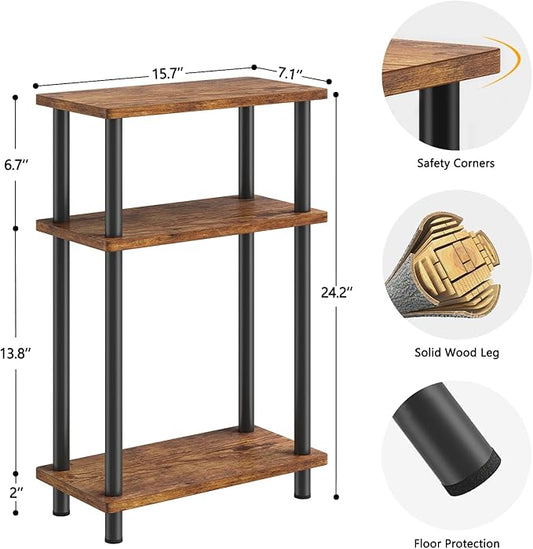 Apicizon Small Narrow Side Table, 3-Tier Skinny End Table for Small Spaces, Slim Nightstand with Storage Shelf, Bedside Table for Living Room, Bedroom, Rustic Brown and Black