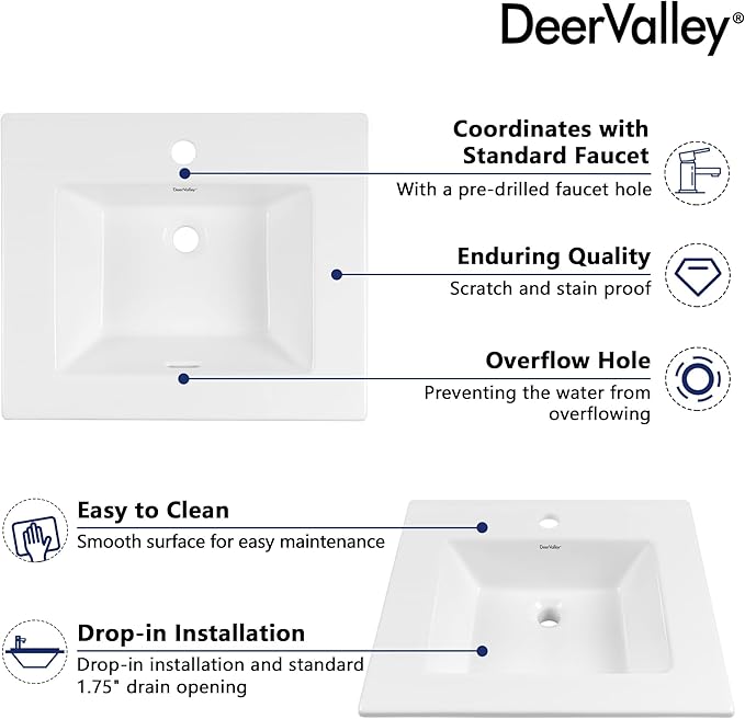 DeerValley Rectangle Drop-In Bathroom Sink 21x18 Inch, White Ceramic Vessel with Overflow and Pre-Drilled Faucet Hole