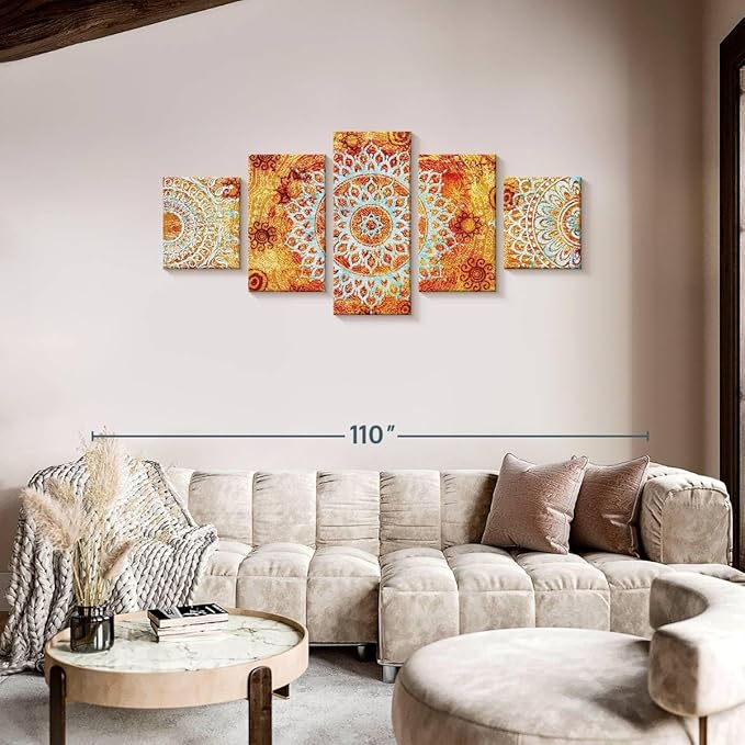 ElephantStock - Sun Like Mandala Symbols Wall Art - Horizontal Multi Panel Canvas - 5 Piece Living Room Wall Decor - Digital Art Elements Multi Piece Wall Art - Orange And Blue Decor - 80" x 36"