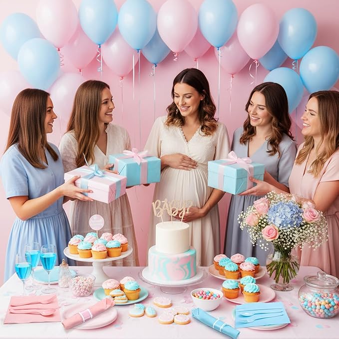 Lasnten 200 Pcs Pre-rolled Light Pink and Blue Plastic Silverware Set for 50 Guest Baby Gender Reveal Party Supplies Include Napkins Knives Spoons and Forks for Baby Shower (Light Pink and Blue)