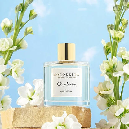 Cocorrína Reed Diffuser Set,6.7oz (200ml) Gardenia Scented Diffuser with 3 White Rose Foam Flowers & Cotton Sticks, Home Fragrance Reed Diffuser for Bathroom Shelf Decor