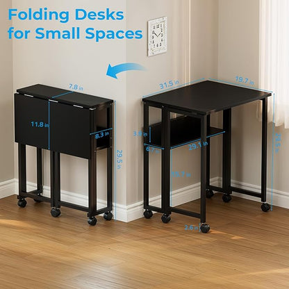 GreenForest Folding Desk Small Rolling Desk with Storage Shelf,31.5 inch Foldable Computer Desk with Wheels for Small Space, Easy Assembly,Black