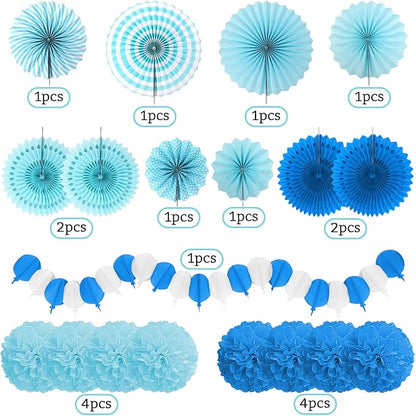 Party Decorations, Blue Papar Fans Pompoms Garlands for Men Boy Fathers Day Graduation Bachelorette Wedding Birthday Baby Showers Birthday Party Decoration