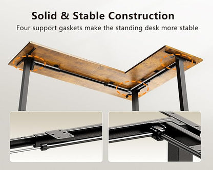 Casaottima 63 Inch Reversible L Shaped Electric Standing Desk, Ergonomic Height Adjustable Desk, Large Lift Corner Stand up Table for Workstation, Home Office, Reception Room, Rustic Brown