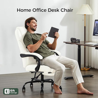 Office Chair, Big and Tall Office Chair with Foot Rest Ergonomic Chair Home Office Desk Chairs Reclining High Back Leather Chair with Lumbar Support(White)