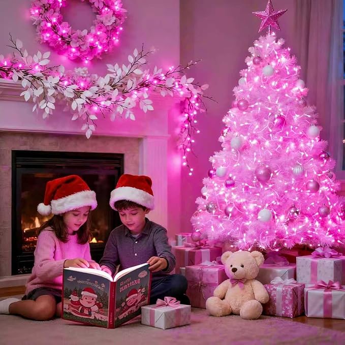 JMEXSUSS 600 LED Pink Christmas Lights for Decorations, 168ft Pink String Fairy Lights Indoor Outdoor Clear Wire for Girl's Room Bedroom Brithday Party Yard Decor