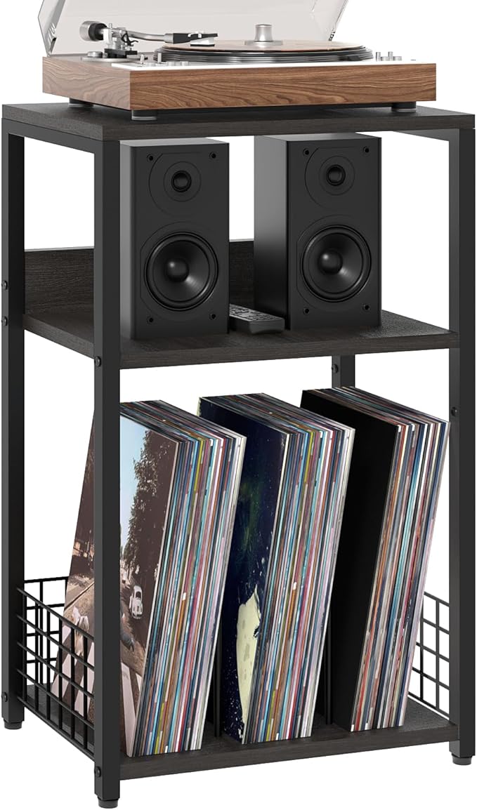 LELELINKY Large Rustic Grey Record Player Stand, 3 Tier 18" Wide Big End Table with Vinyl Storage Up to 130 Albums, Industrial Turntable Printer Tables, Modern Side Tables for Living Room, Office