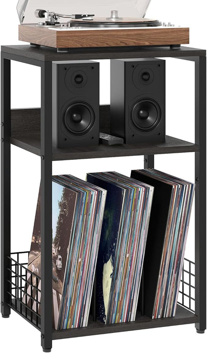 LELELINKY Large Rustic Grey Record Player Stand, 3 Tier 18" Wide Big End Table with Vinyl Storage Up to 130 Albums, Industrial Turntable Printer Tables, Modern Side Tables for Living Room, Office