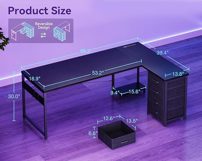 AODK L Shaped Gaming Desk with 4 Drawers, 67" Reversible Home Office Desks with Power Outlets, L Shaped Computer Desk with USB Charging Port and Host Stand, Corner Desk, Easy to Assemble, Black