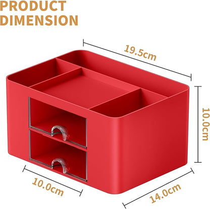 Marbrasse Pen Organizer with 2 Drawer, Multi-Functional Pencil Holder for Desk, Desk Organizers and Accessories with 5 Compartments + Drawer for Office Art Supplies (Red)