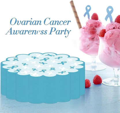 100 Pcs Ovarian Cancer Awareness Products 13.5" Scalloped Teal Ribbon Paper Placemats Disposable Sexual Assault Awareness Cervical Cancer Place Mats for Health Charity Public Social Event Supplies