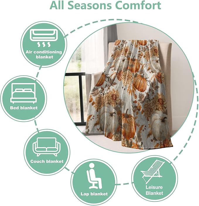Fall Pumpkin Floral Throw Blanket Gifts for Boys Girls Kids Adults, Autumn Harvest Theme Flannel Blankets for Travel Sofa Living Room Decor 40"x50"