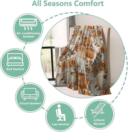 Fall Pumpkin Floral Throw Blanket Gifts for Boys Girls Kids Adults, Autumn Harvest Theme Flannel Blankets for Travel Sofa Living Room Decor 50"X60"
