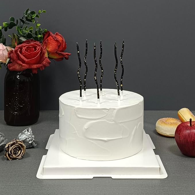 Spiral Long Thin Birthday Candles for Cake – Metallic Cake Decorations, Happy Birthday Candles with Holders, Long Lasting & Safe (24, Black+Gold Spots)
