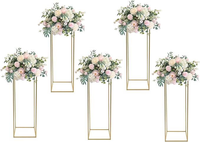 Gold Flower Stand, 5PCS Metal Column Geometric Flower Stand Floor Vase Tables Centerpieces Gold Tall Floral Display Rack Decorations Reception Floral Center Pieces for Wedding T-Stage Bar