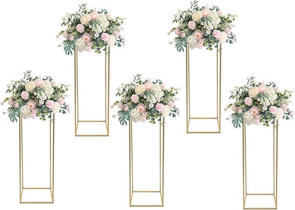 Gold Flower Stand, 5PCS Metal Column Geometric Flower Stand Floor Vase Tables Centerpieces Gold Tall Floral Display Rack Decorations Reception Floral Center Pieces for Wedding T-Stage Bar