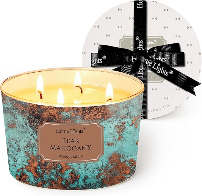 HomeLights Large jar Candle | 4-Wick Long-Lasting Scented Candles, 18oz Natural Soy Wax Candle for Home Scented, Industrial Chic Gifts for Women & Men, Teak Mahogany