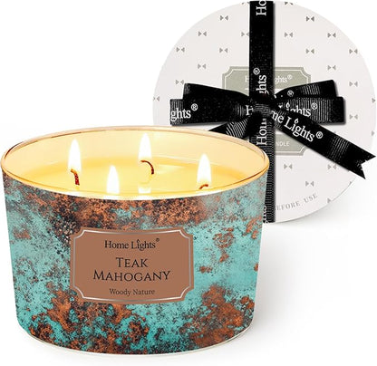 HomeLights Large jar Candle | 4-Wick Long-Lasting Scented Candles, 18oz Natural Soy Wax Candle for Home Scented, Industrial Chic Gifts for Women & Men, Teak Mahogany